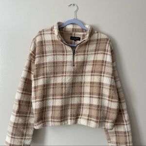 Sherpa Quarter Zip Cropped Fleece Plaid Pullover